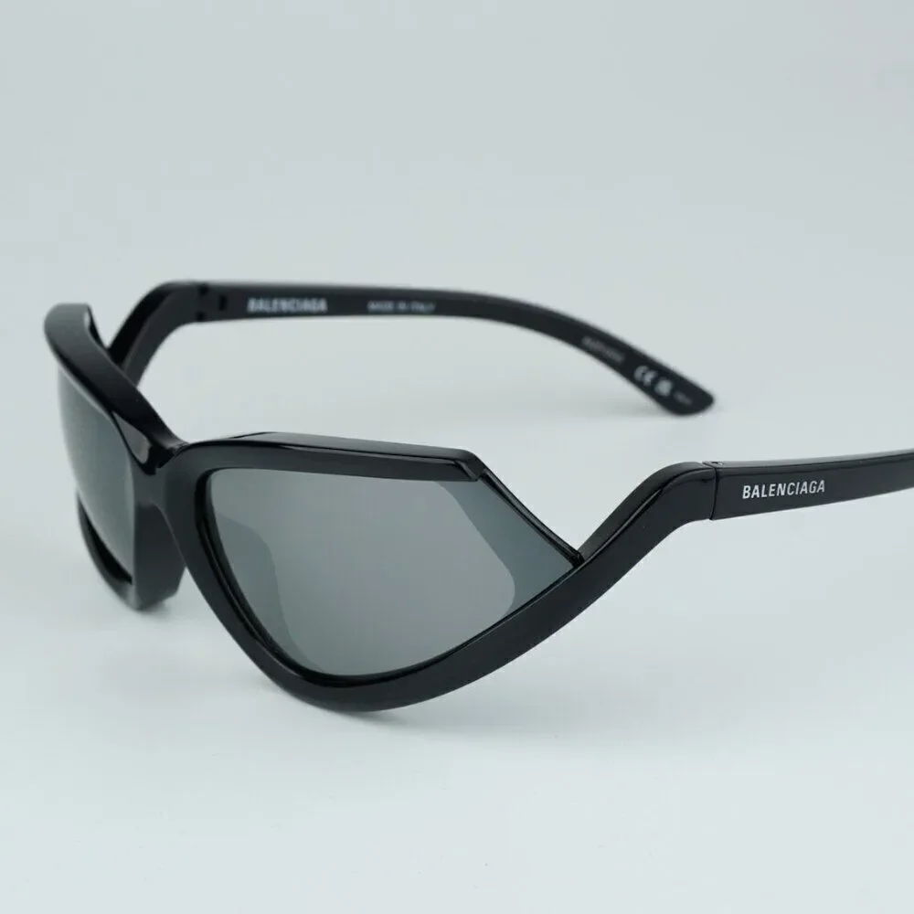 NEW Balenciaga BB0289S 001 Black Silver Mirror Wraparound Unisex Sunglasses